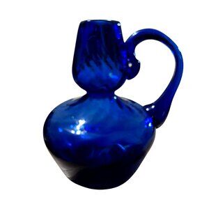 Cobalt Blue Miniature Pitcher Jug Vintage Handblown Swirled Glass Bottle 3.75 in